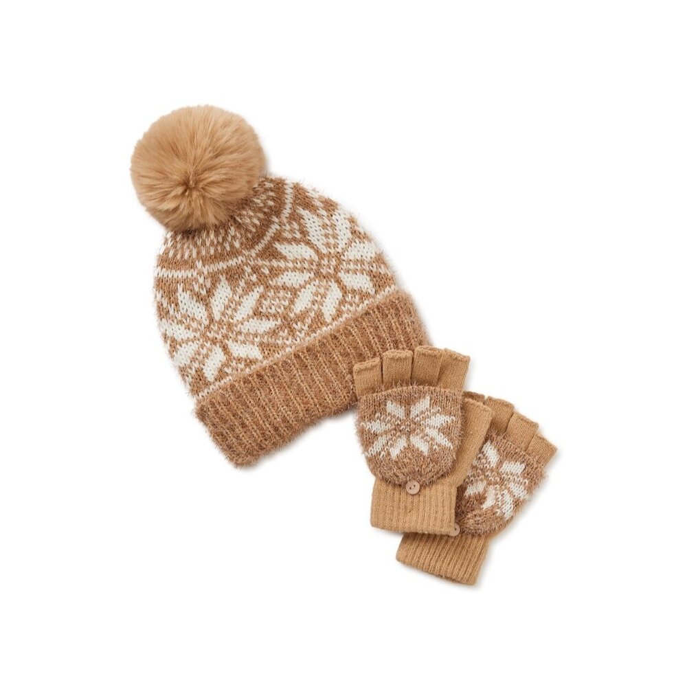 NEW Holiday Time Womens Tinsel Snowflake Hat & Gloves Set 2-Piece Stylish Winter - Picture 1 of 2